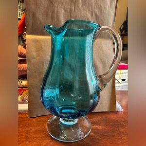 Elegant Aqua Blue Handblown Glass Pitcher